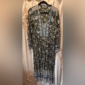 Zara Long Sleeve Floral/Paisley Maxi   Dress in Green and Blue-Size M